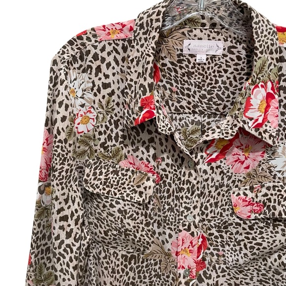 Nanette Lepore Long Sleeve Button Down Leopard Print/Floral Blouse Size XL - Picture 5 of 10